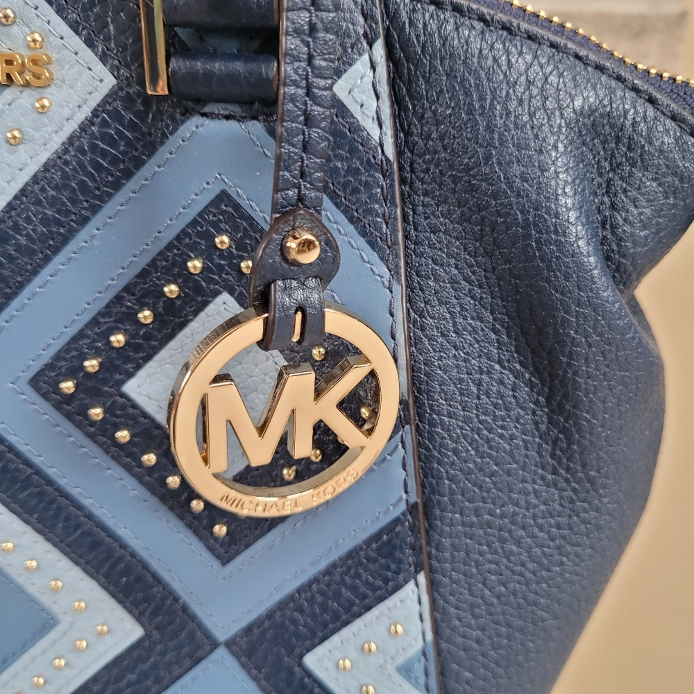 Like New Michael Kors Riley Blue Studded Patchwork Satchel - Picture 6 of 15
